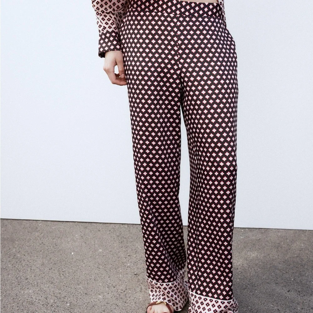 Zara Patterned Satin Effect Wide Leg Pants, NWT Sz M